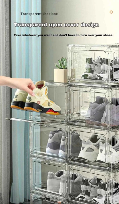 Transparent Shoe Box Magnetic Suction Door Thickened Plastic Storage Holder Detachable Dustproof Shoe Storage Boxes Wholesale