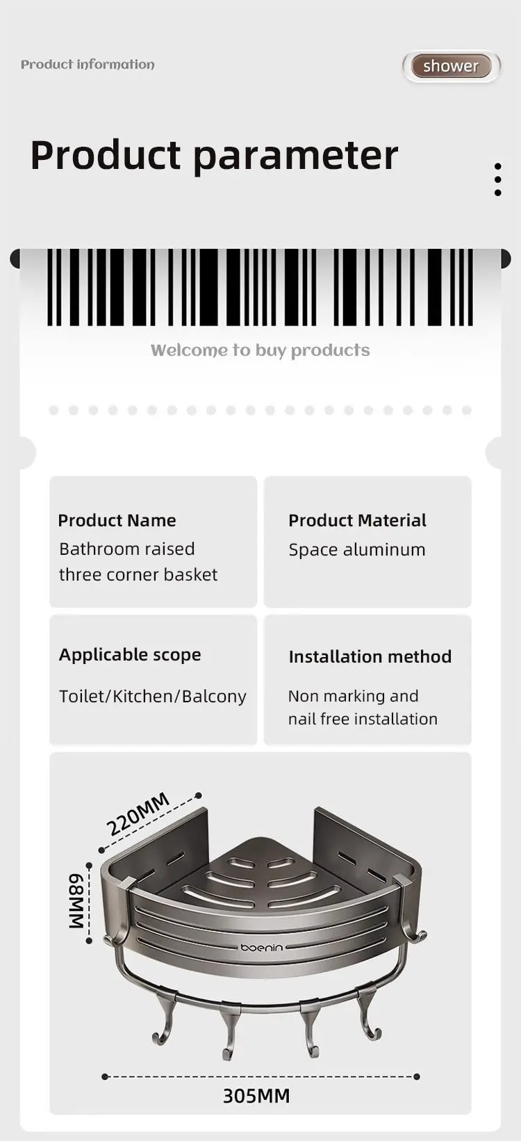No Drill Bathroom Corner Shelf Wall Mounted Shower Corner Shelves with Hook Towel Bar Space Aluminum Bathroom Organizer Rack - Ceenaz Store