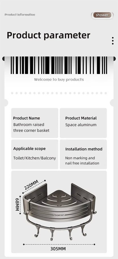 No Drill Bathroom Corner Shelf Wall Mounted Shower Corner Shelves with Hook Towel Bar Space Aluminum Bathroom Organizer Rack - Ceenaz Store