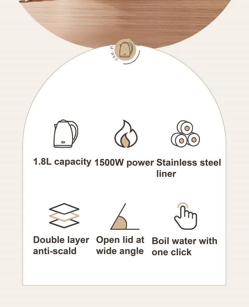 1.8L Household Electric Kettle Large Capacity 304 Stainless Steel Quick Kettle Teapot Automatic Thermos Pot Kitchen Tools 1500W - Ceenaz Store