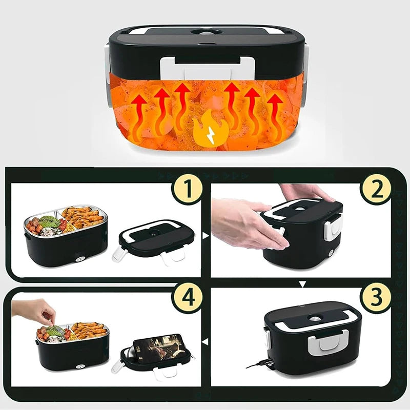220V 110V 24V 12V 2 in 1 Electric Heating Lunch Box Car Truck Office Food Heater Stainless Steel Food Warmer Container Black Set - Ceenaz Store