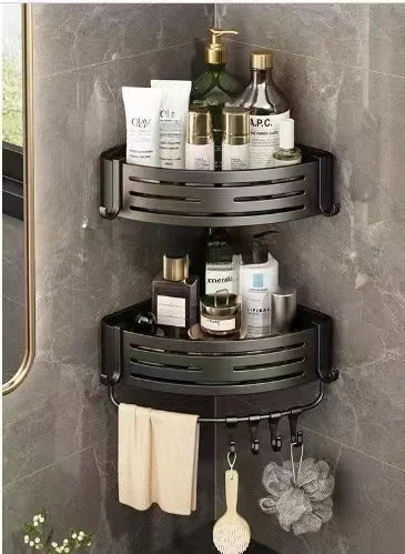 No Drill Bathroom Corner Shelf Wall Mounted Shower Corner Shelves with Hook Towel Bar Space Aluminum Bathroom Organizer Rack - Ceenaz Store