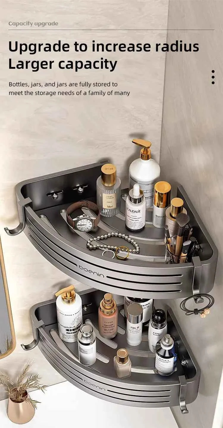 No Drill Bathroom Corner Shelf Wall Mounted Shower Corner Shelves with Hook Towel Bar Space Aluminum Bathroom Organizer Rack