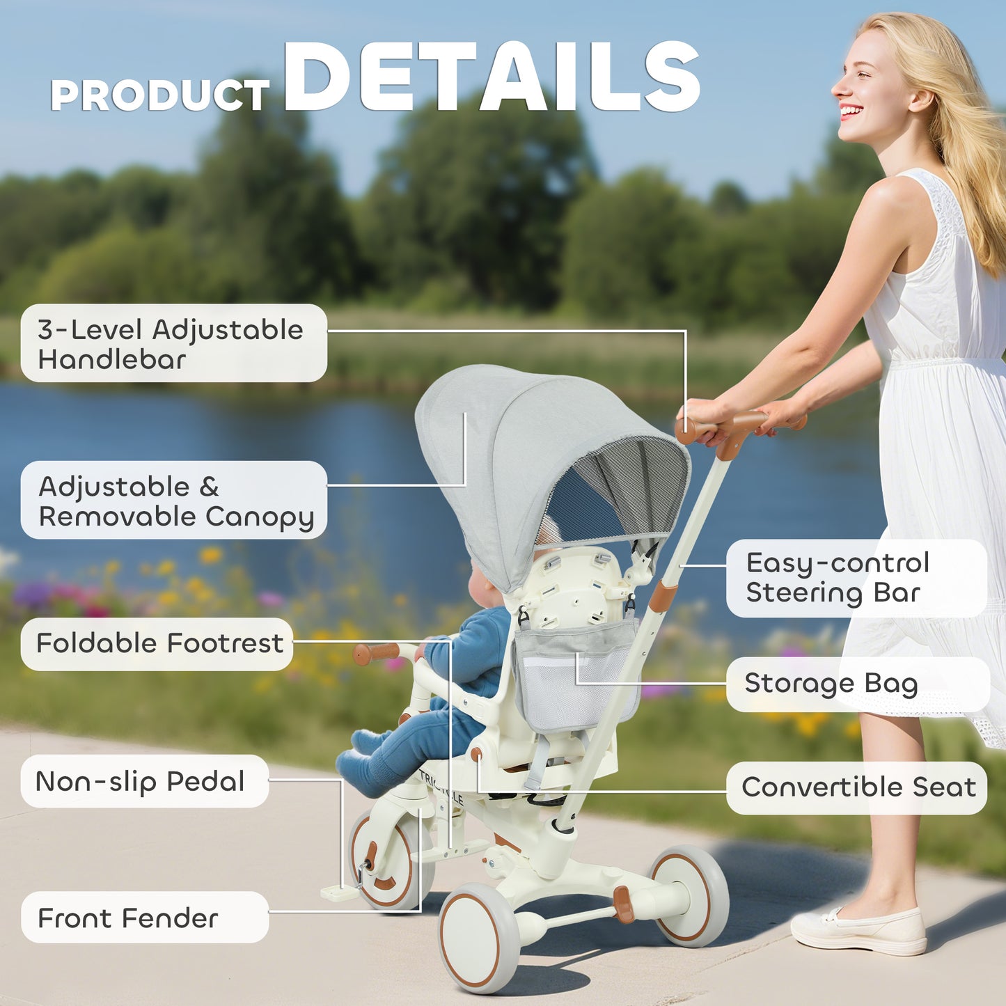 5 in 1 Kids Trike with Adjustable Backrest, Foldable Baby Trike