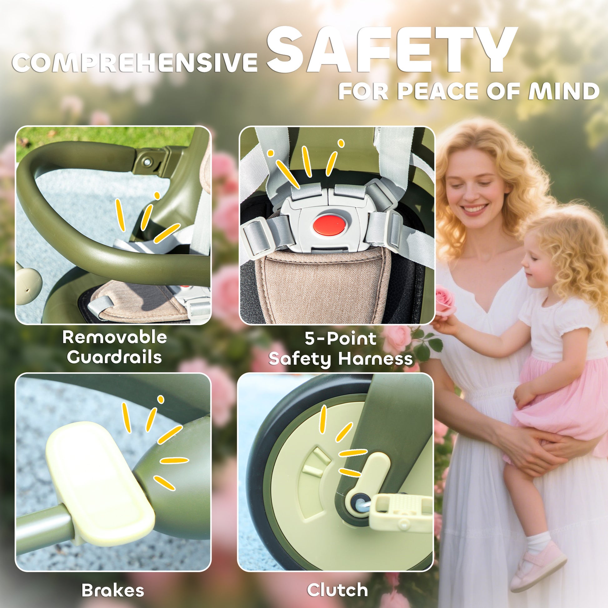 5 in 1 Kids Trike with Adjustable Backrest, Foldable Baby Trike