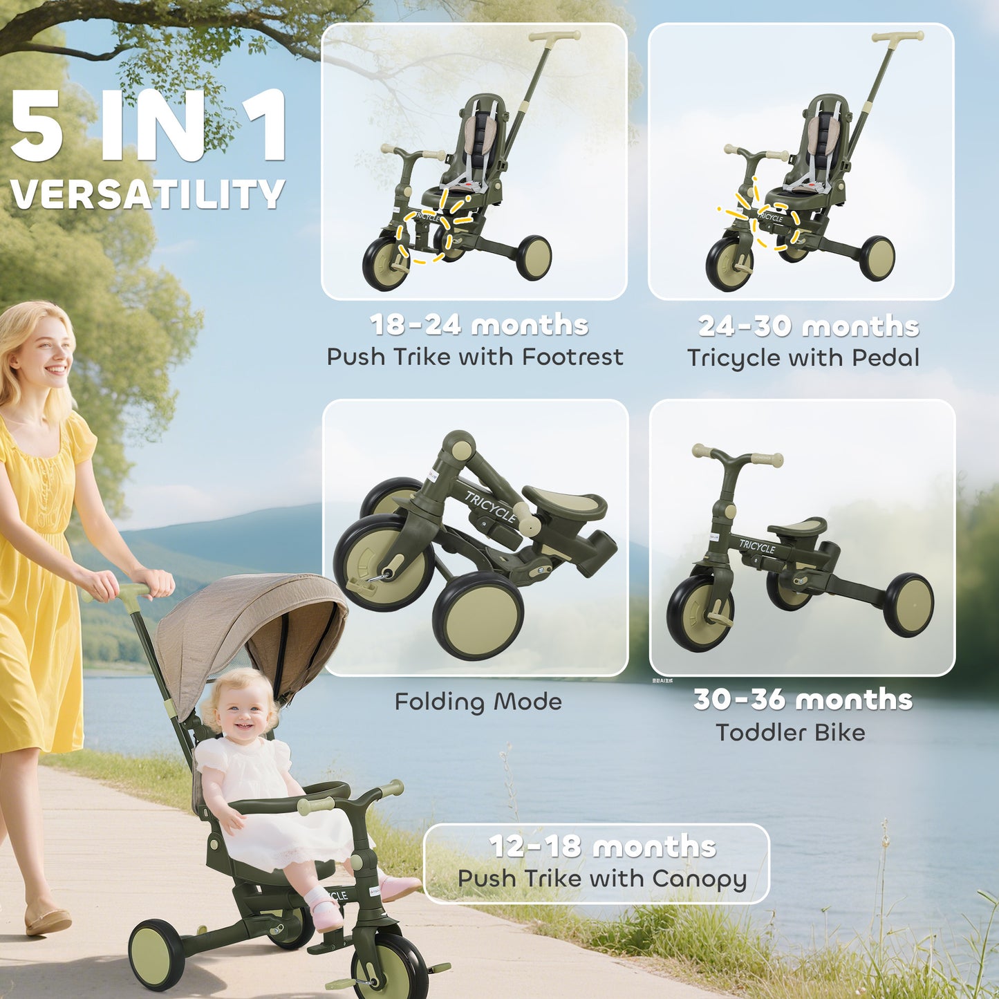 5 in 1 Kids Trike with Adjustable Backrest, Foldable Baby Trike