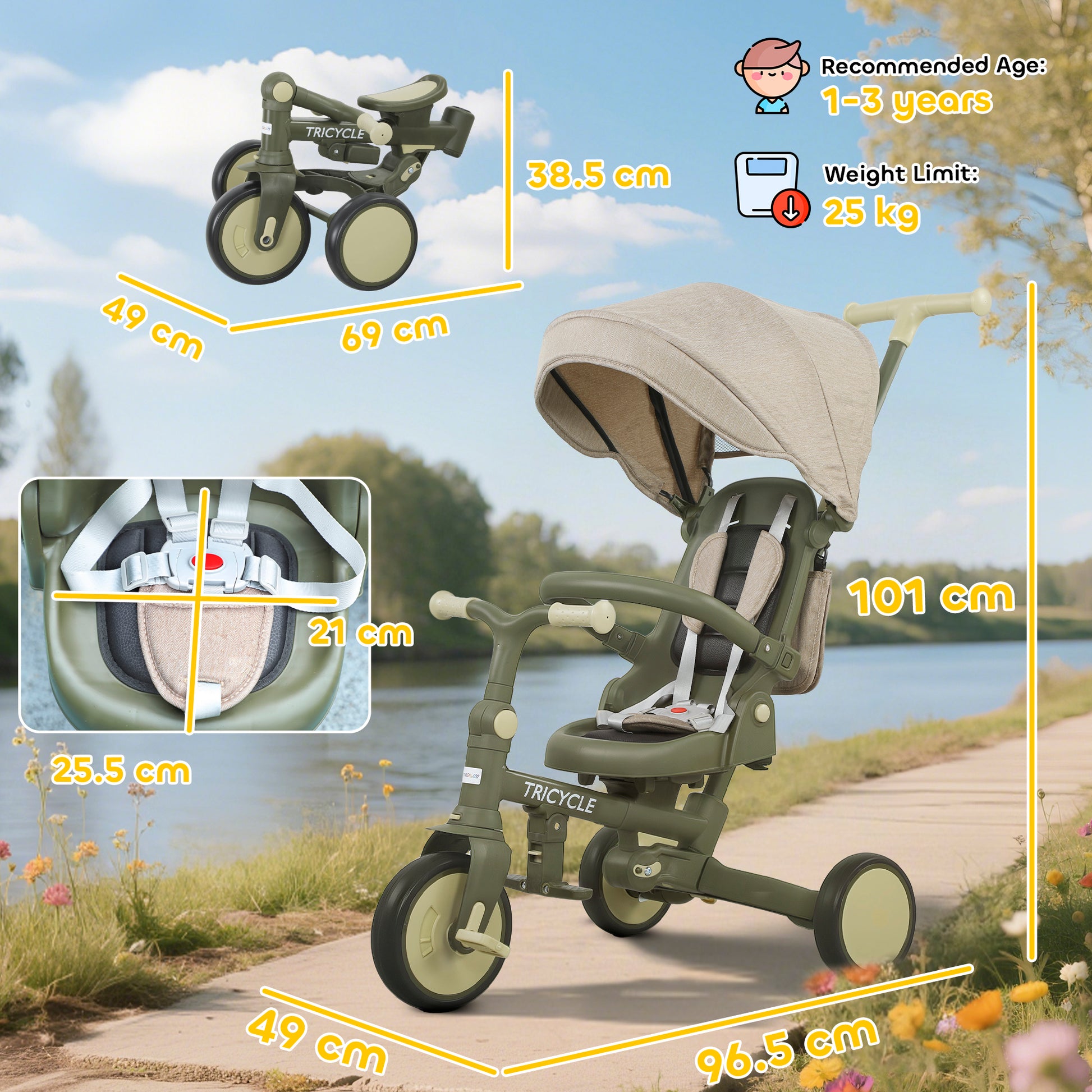 5 in 1 Kids Trike with Adjustable Backrest, Foldable Baby Trike