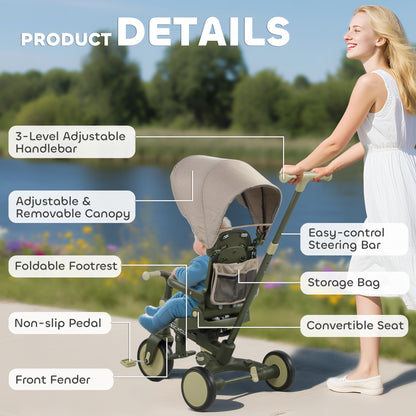 5 in 1 Kids Trike with Adjustable Backrest, Foldable Baby Trike