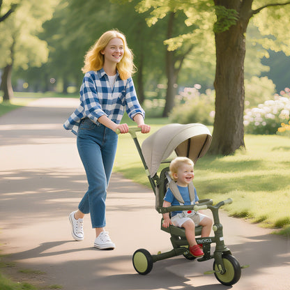 5 in 1 Kids Trike with Adjustable Backrest, Foldable Baby Trike