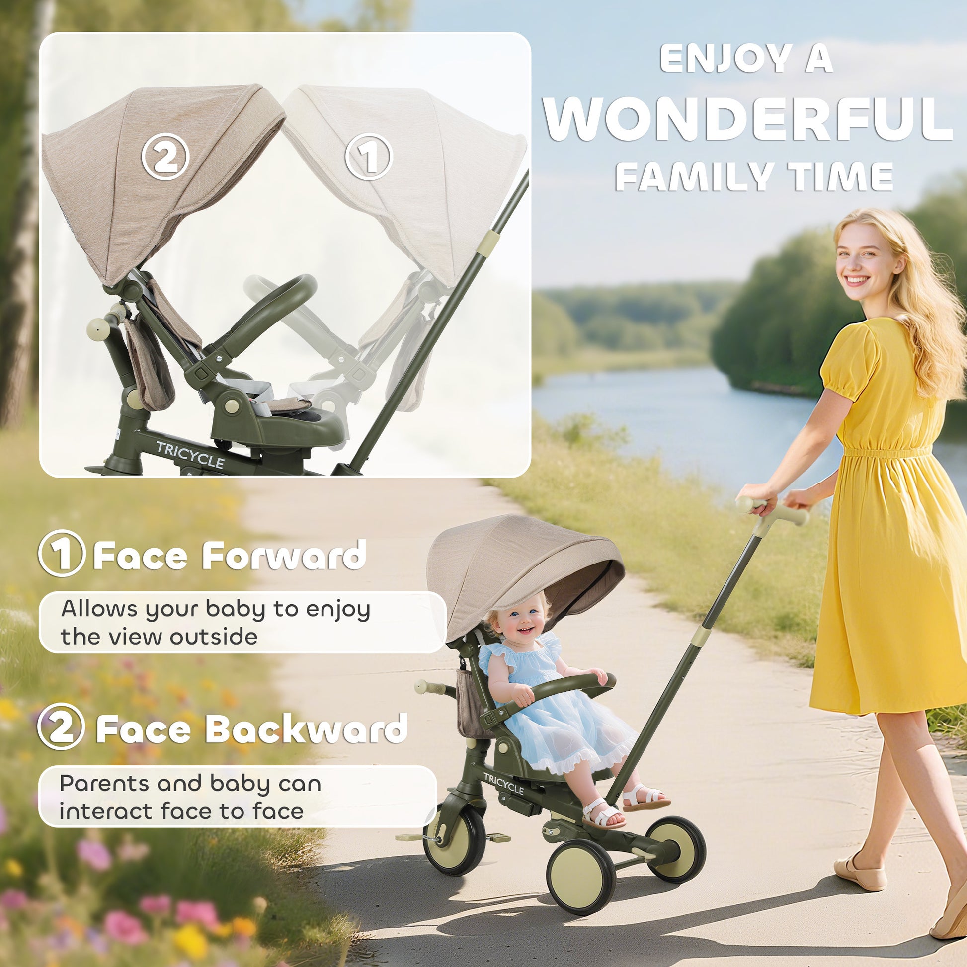 5 in 1 Kids Trike with Adjustable Backrest, Foldable Baby Trike