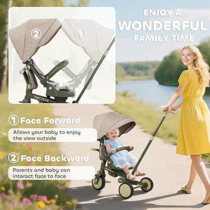 5 in 1 Kids Trike with Adjustable Backrest, Foldable Baby Trike