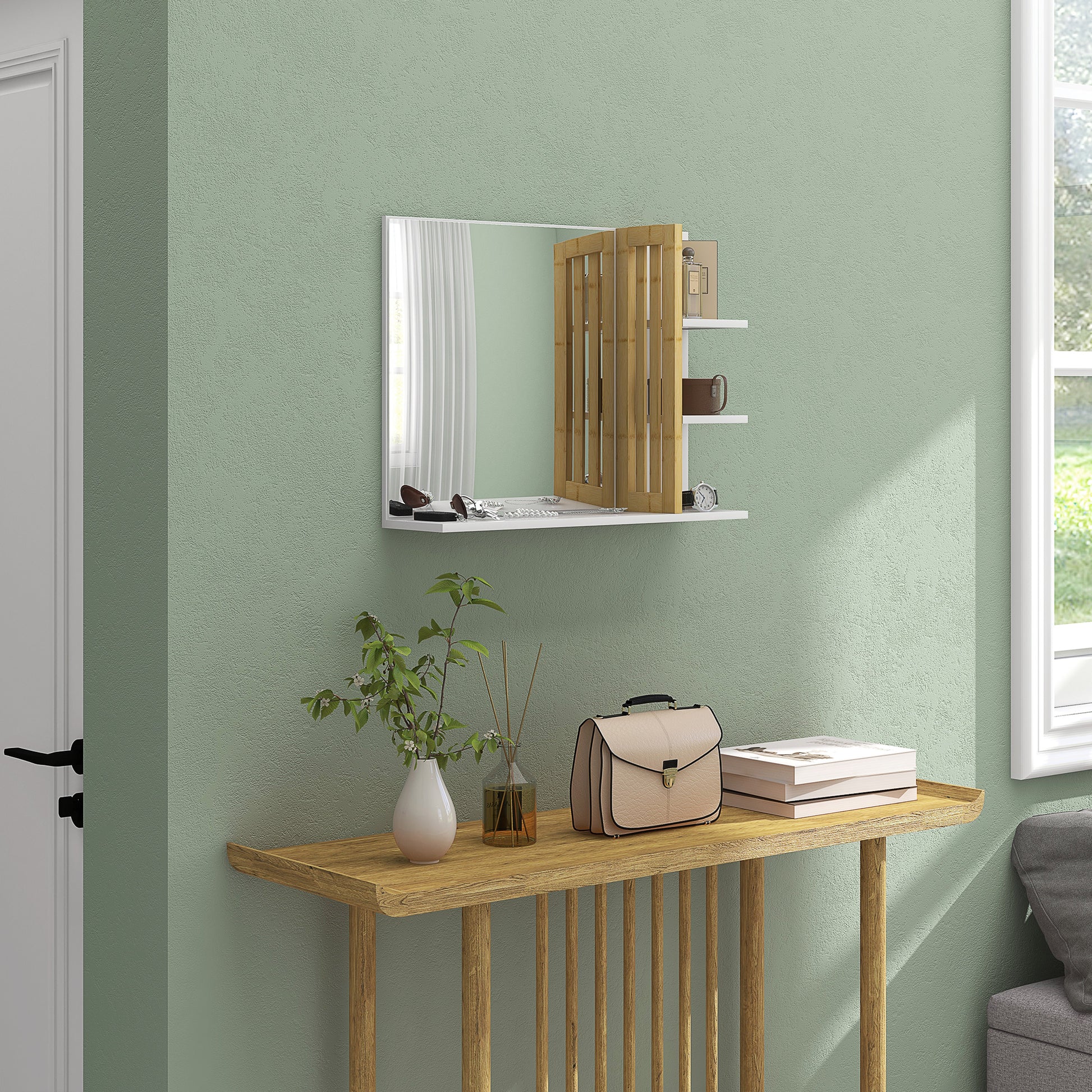 Modern Wall Mounted Bathroom Mirror with 4 Storage Open Shelves