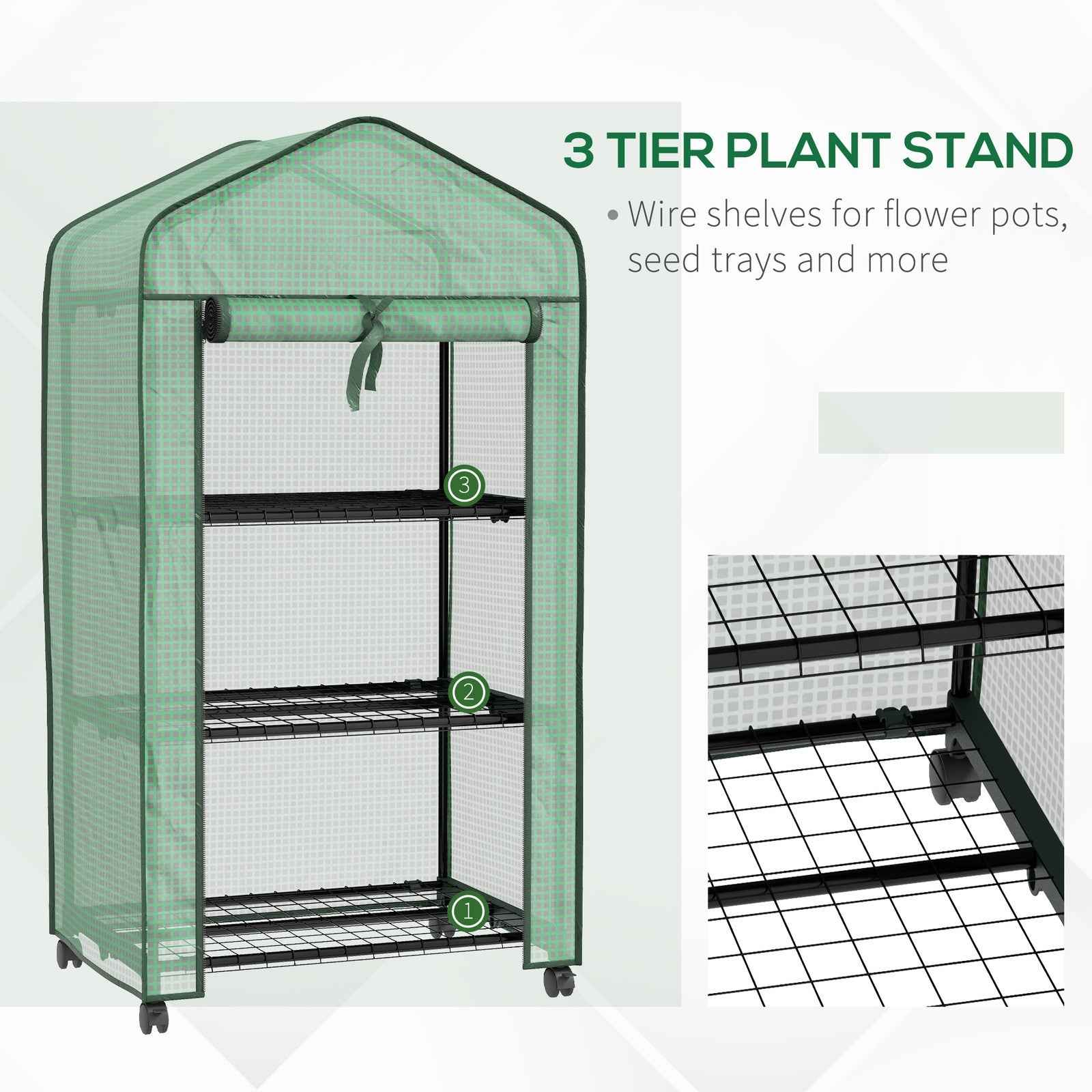 3 Tier Mini Greenhouse with Reinforced PE Cover, Small Greenhouse, Green