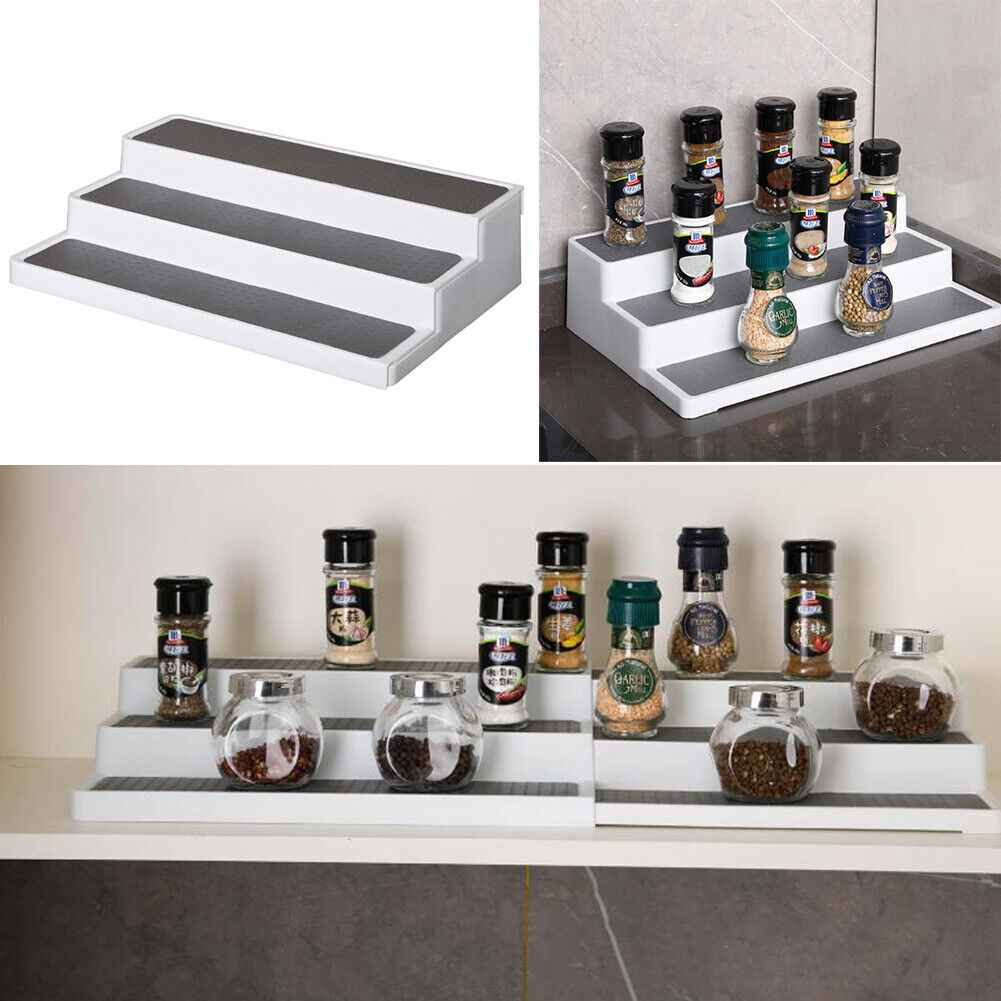 Expandable 3 Tier Spice Herb Jar Tin Can Rack Kitchen Cupboard Storage Organiser