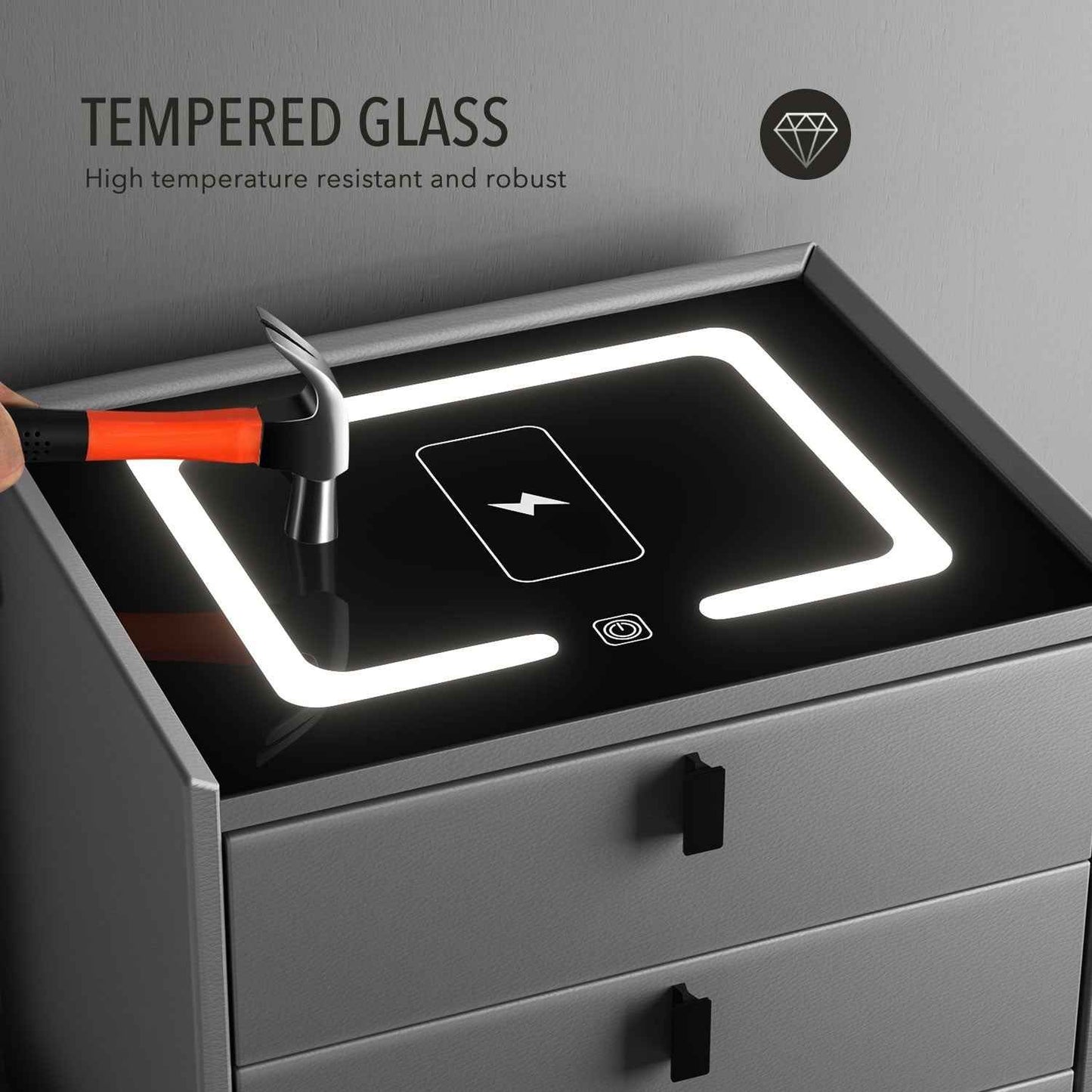 LED Bedside Table with 2 Drawers Cabinet Charging Station Nightstand Storage Gyd