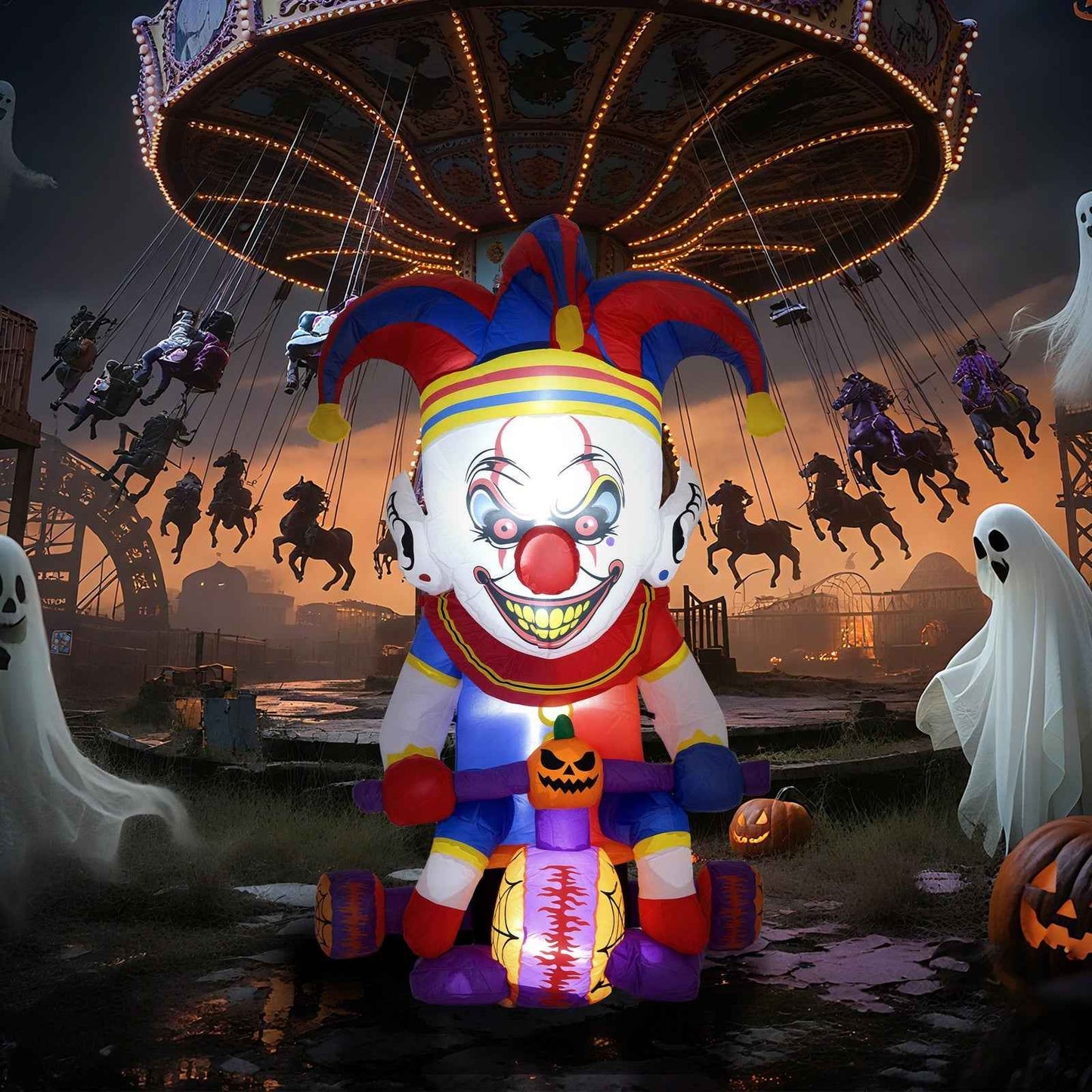 4ft Blow Up Halloween Inflatable Clown on Bicycle with 3 Built-in LED Lights