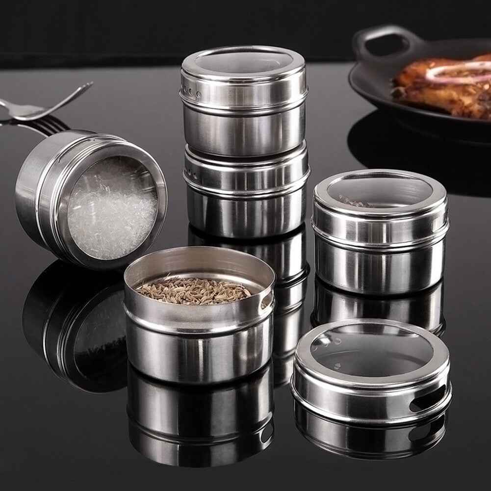12x Magnetic Spice Jars BBQ Shaker Lids Seasoning Tins Container Stainless Steel