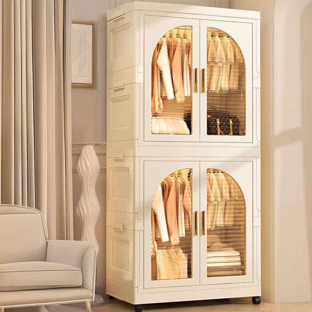 Large Folding Wardrobe Storage Plastic Cabinet with Hanging Rod Clothes Closet