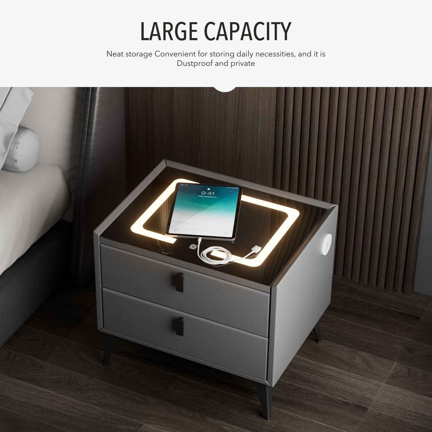 LED Bedside Table with 2 Drawers Cabinet Charging Station Nightstand Storage Gyd