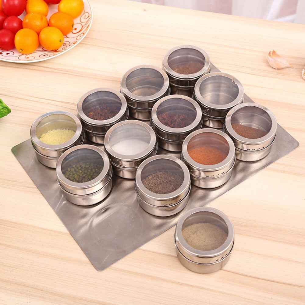 12x Magnetic Spice Jars BBQ Shaker Lids Seasoning Tins Container Stainless Steel
