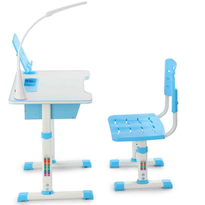 Kids Children Study Table & Chair Writing Desk Set With Lamp - Height Adjustable