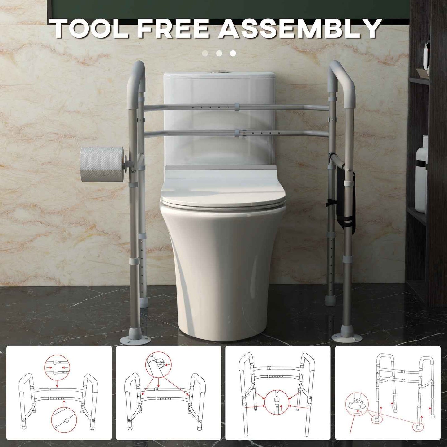 Height and Width Adjustable Toilet Frame Grab Bar with Rubber Tips Storage