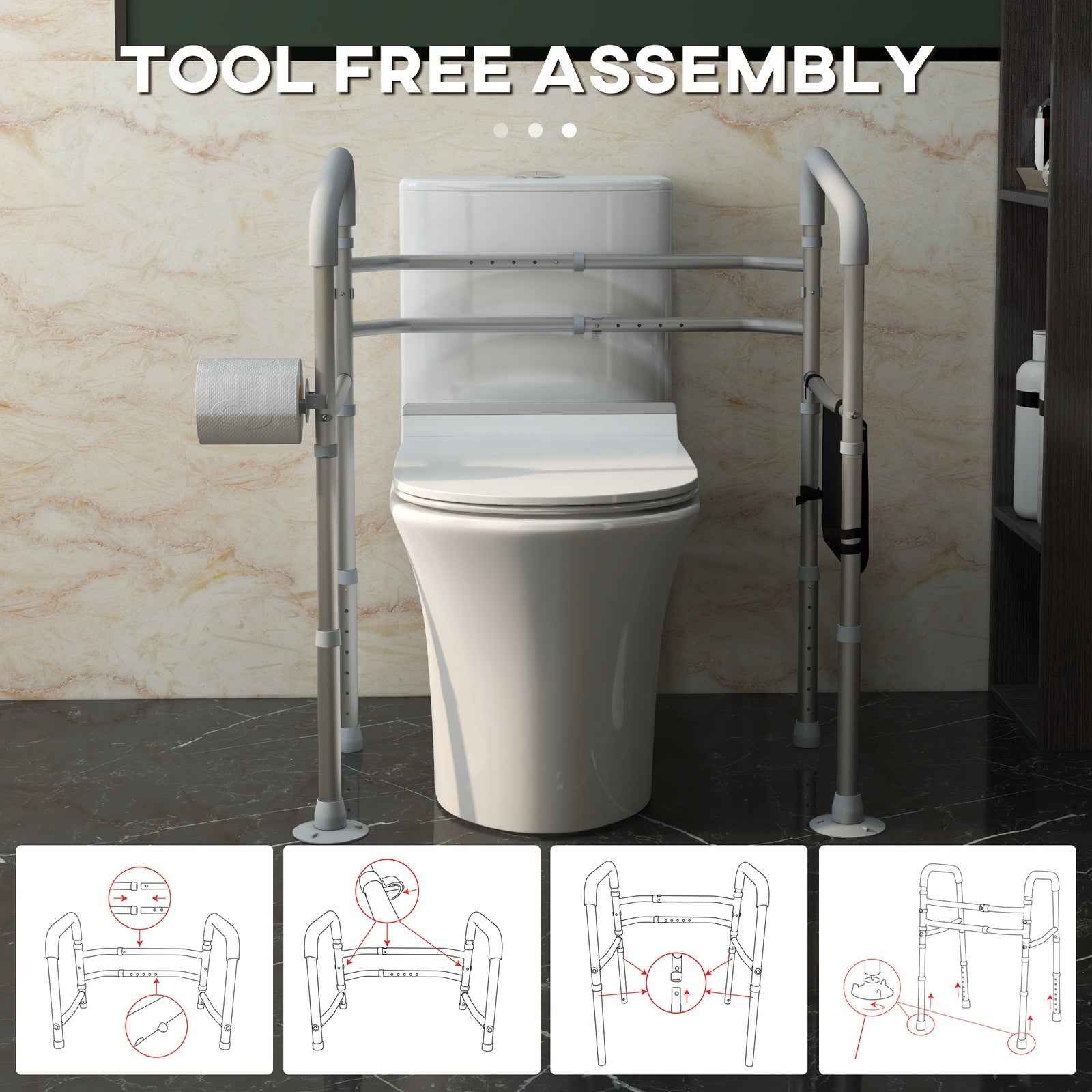 Height and Width Adjustable Toilet Frame Grab Bar with Rubber Tips Storage