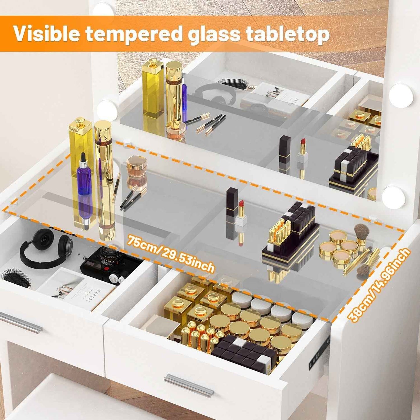 Vanity Desk with Mirror Lights Glass Top Dressing Table w/ 2 Drawers & Stool Uam