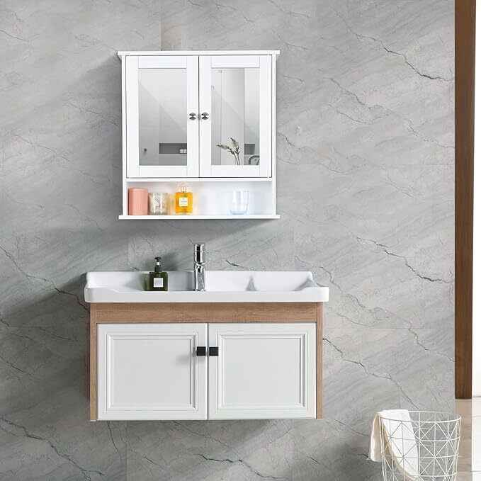 White Bathroom Mirror Cabinet Wall Mounted Storage Unit Cupboard Door Shelves