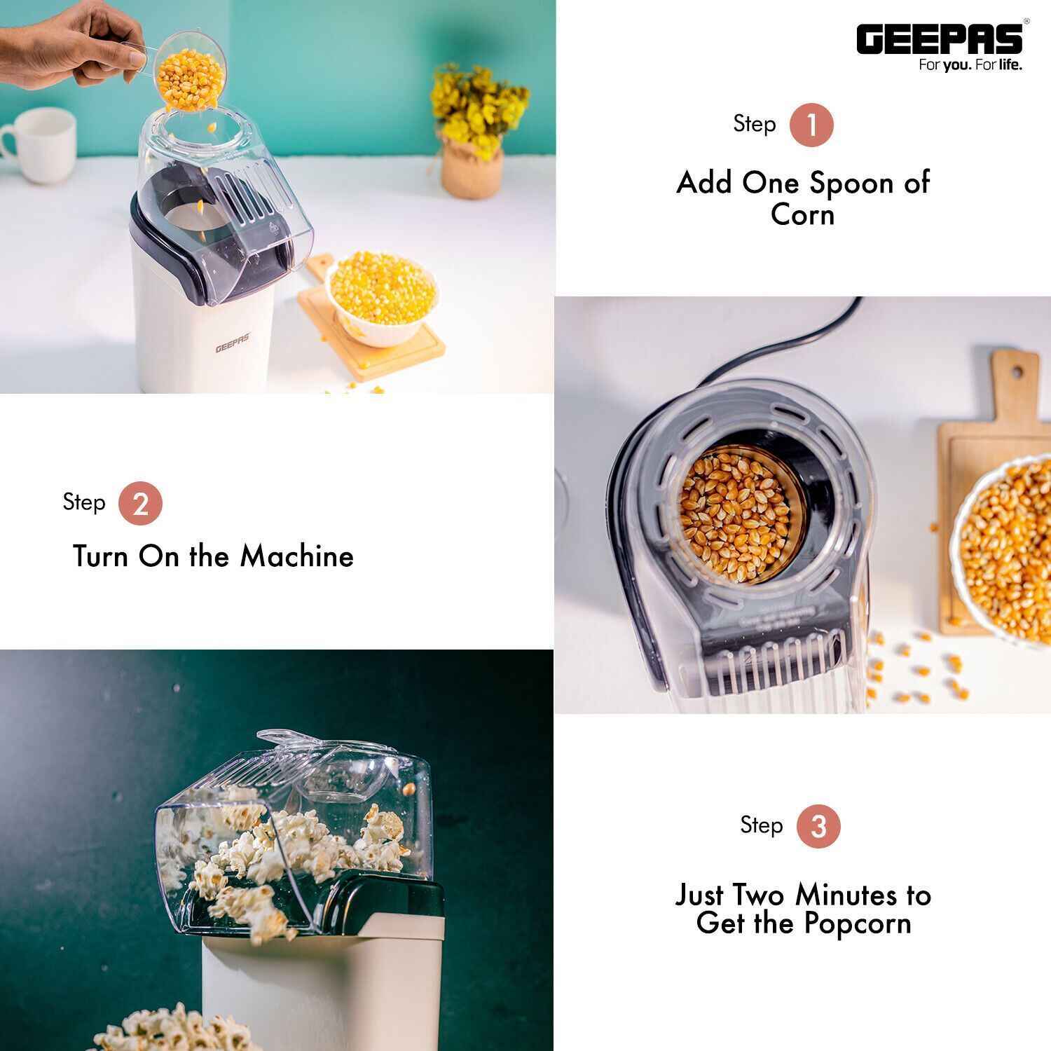 GEEPAS 1200W Popcorn Maker Machine Fat Free Hot Air Large Popper Electric