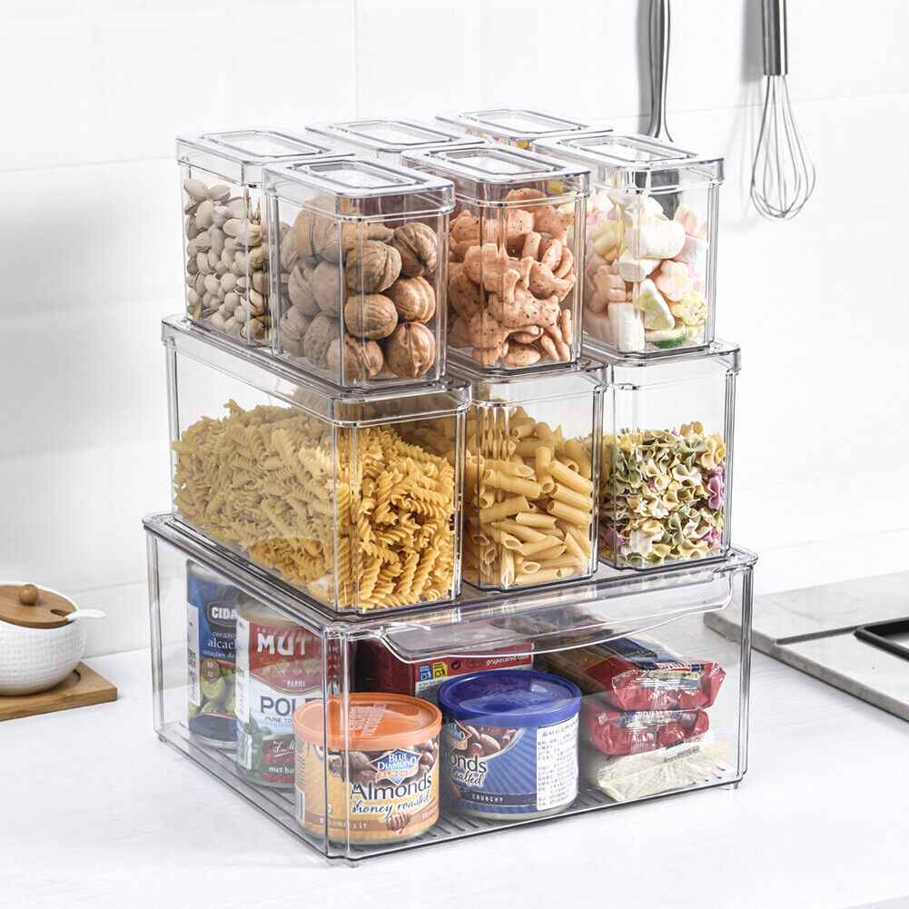 S/M/L Clear Plastic Fridge Storage Box Cupboard Organiser Fruit Veg Rack 3-10Pcs