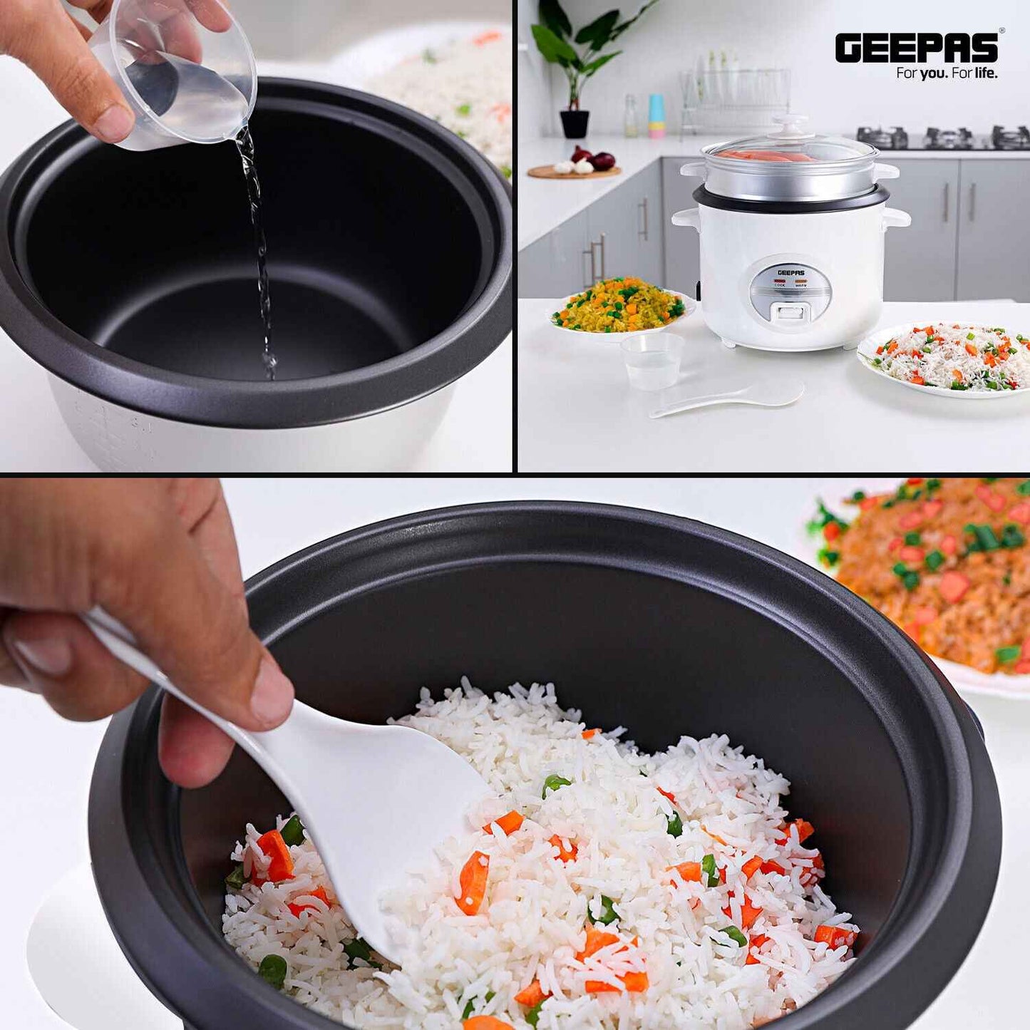 GEEPAS Electric Rice Cooker Steamer Pot 3 in 1 Cooking Non Stick Keep Warm