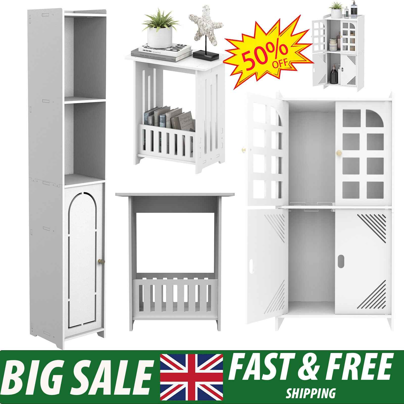 3-Type Freestanding Waterproof Bathroom Cupboard Storage Cabinet with Door White