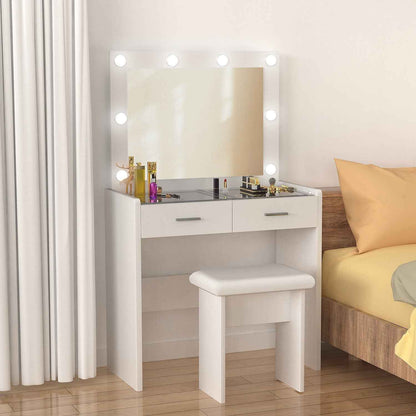 Vanity Desk with Mirror Lights Glass Top Dressing Table w/ 2 Drawers & Stool Uam