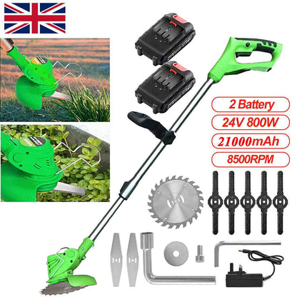 21V Cordless Electric Strimmer Grass Trimmer Weed Cutter Garden Edger +2 Battery