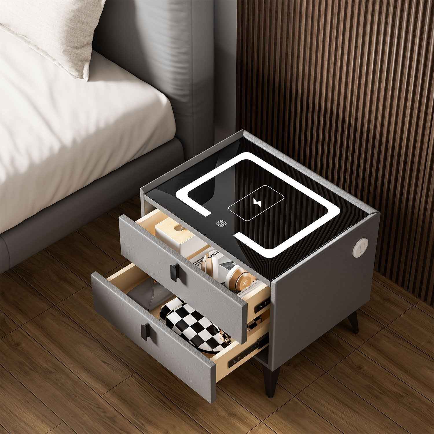 LED Bedside Table with 2 Drawers Cabinet Charging Station Nightstand Storage Gyd