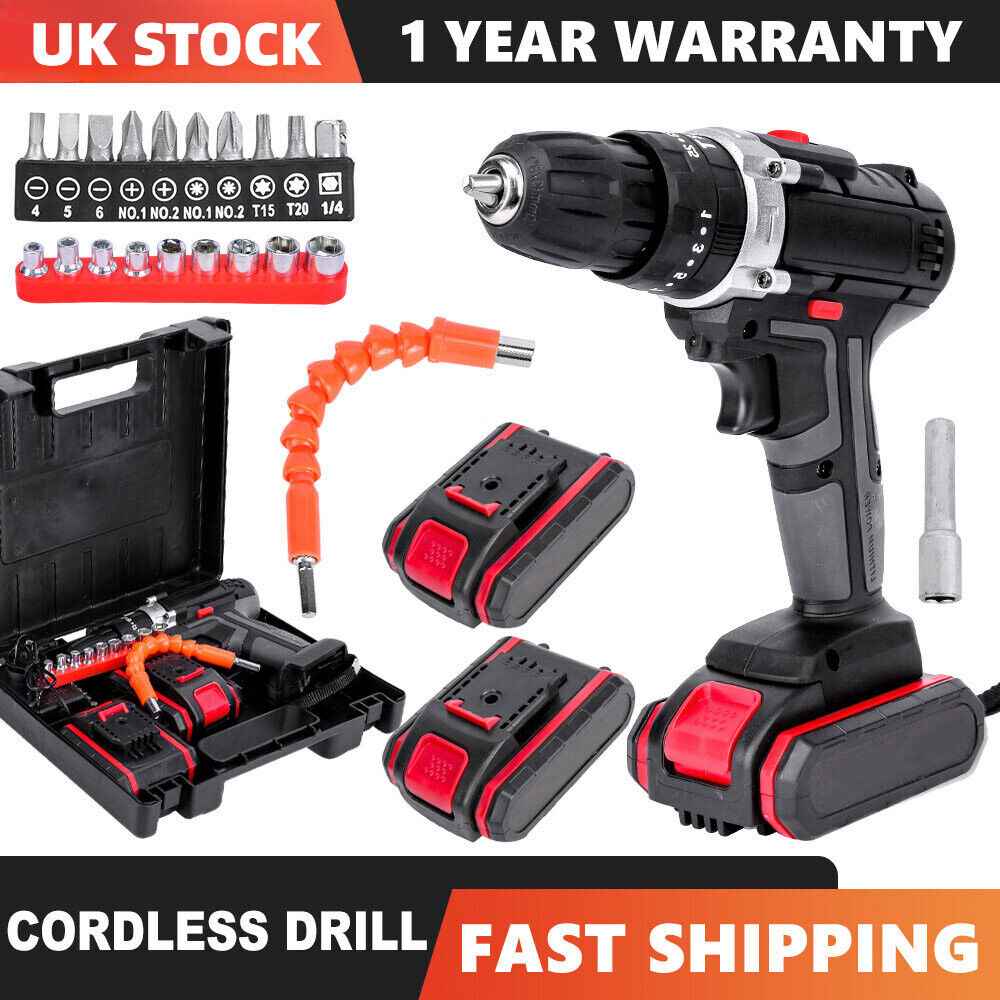 36V 2-Speed Electric Cordless Drill Screwdriver Hammer Impact w/ 2 Battery Kits