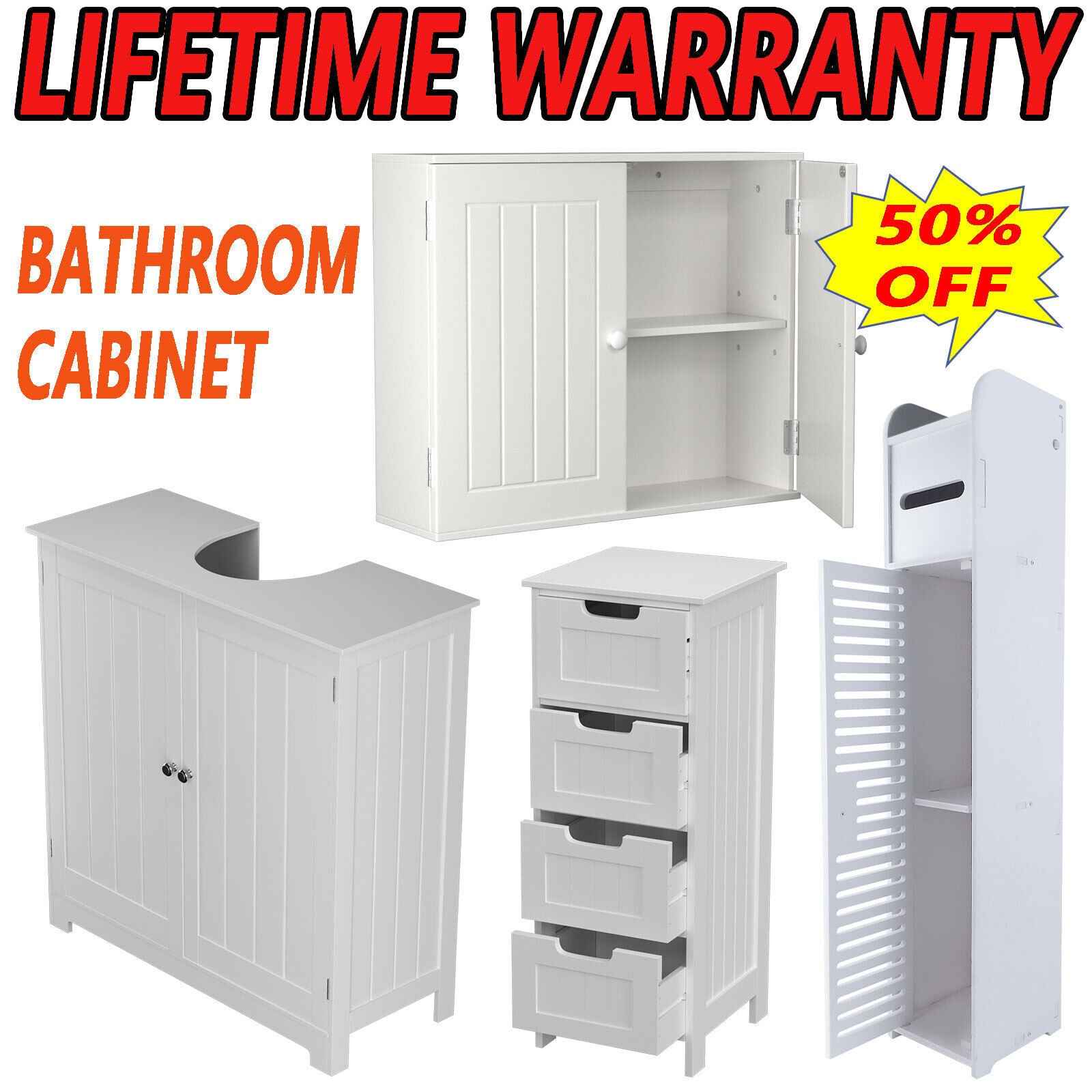 White Bathroom Bedroom Cabinet Shelf Cupboard Storage Unit Free Standing Floor