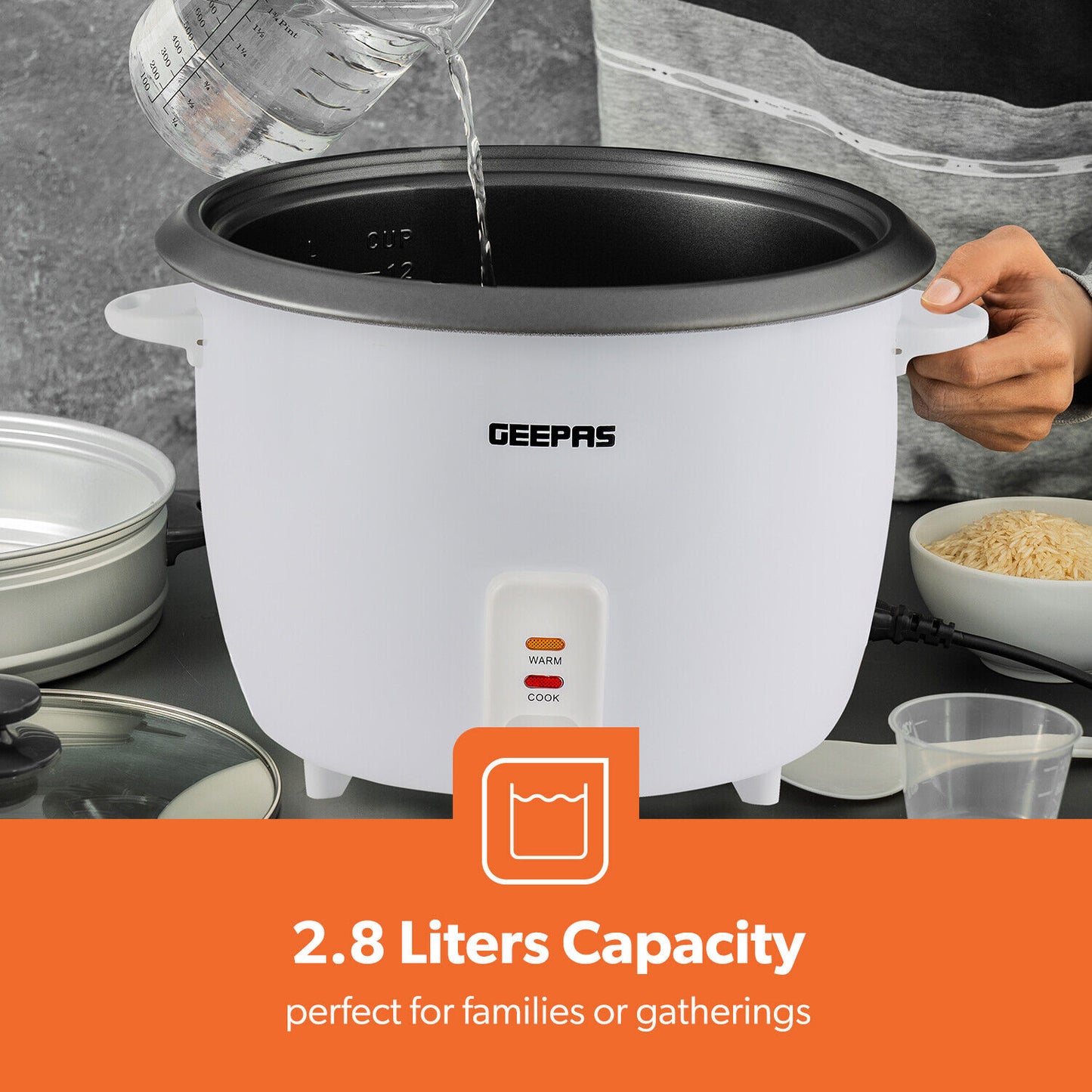 GEEPAS Electric Rice Cooker Steamer Pot 3 in 1 Cooking Non Stick Keep Warm
