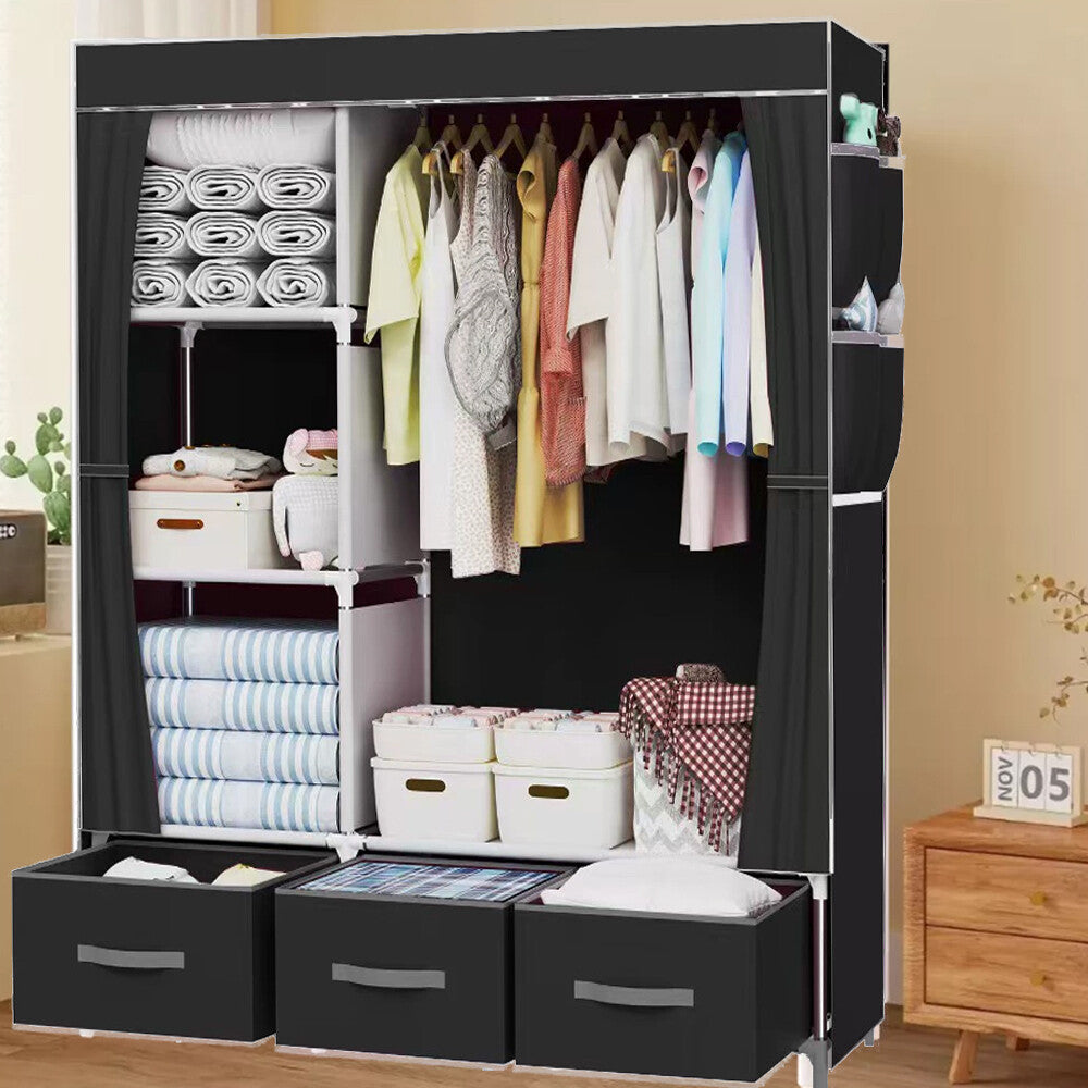 Large Fabric Canvas Wardrobe with Clothes Hanging Rail Shelving Storage Closet