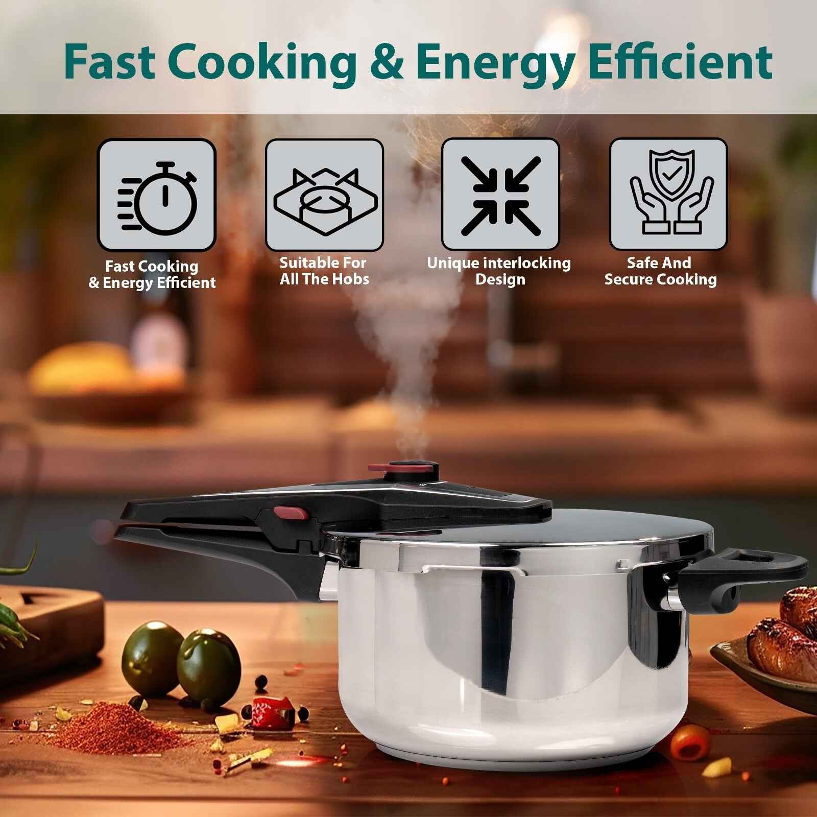 4/6 Litre Dual Handle Stainless Steel Pressure Cooker Kitchen Catering Cookware