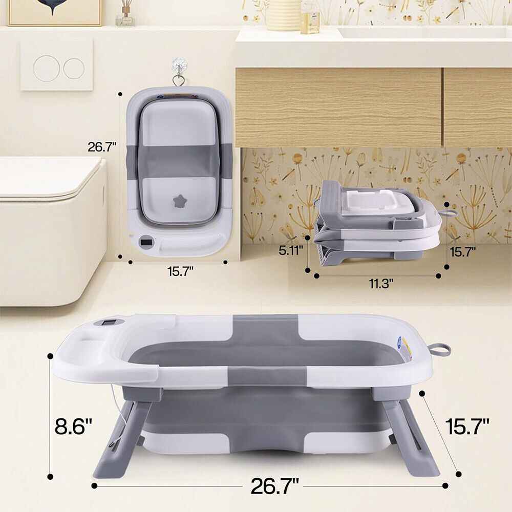 Foldable Baby Bath Tub Ergonomic with Temperature & Cushion Bath Pad + Bath Net