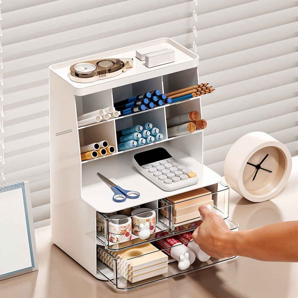 2 Drawers 6 Grids Desk Stationary Storage Box Home Office Desktop Organiser Box