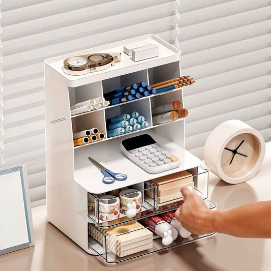 2 Drawers 6 Grids Desk Stationary Storage Box Home Office Desktop Organiser Box