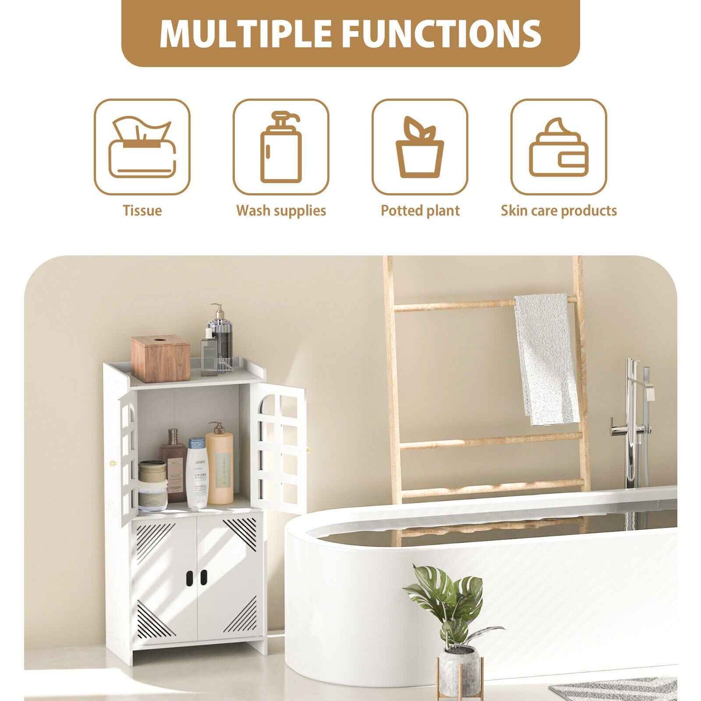 3-Type Freestanding Waterproof Bathroom Cupboard Storage Cabinet with Door White