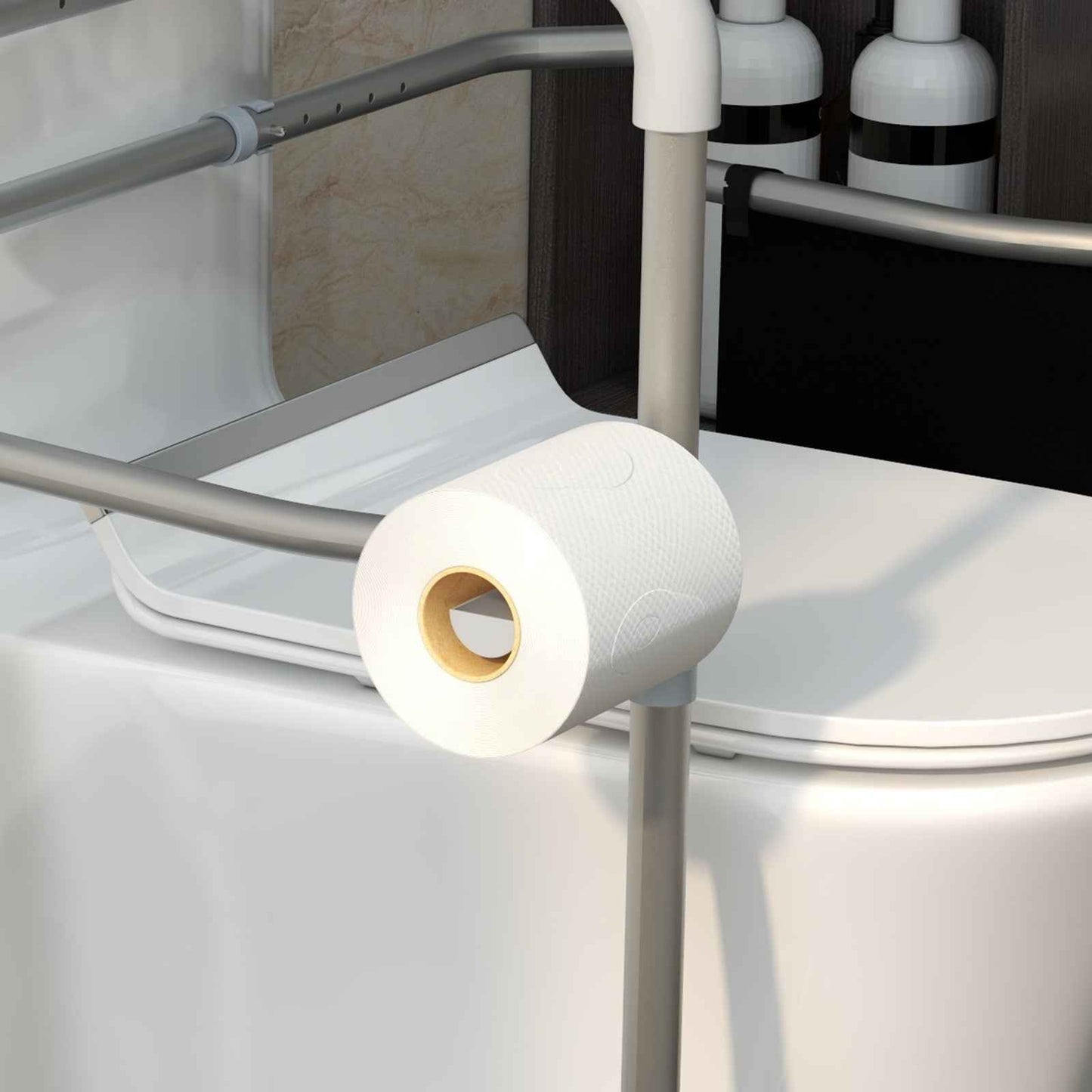 Height and Width Adjustable Toilet Frame Grab Bar with Rubber Tips Storage