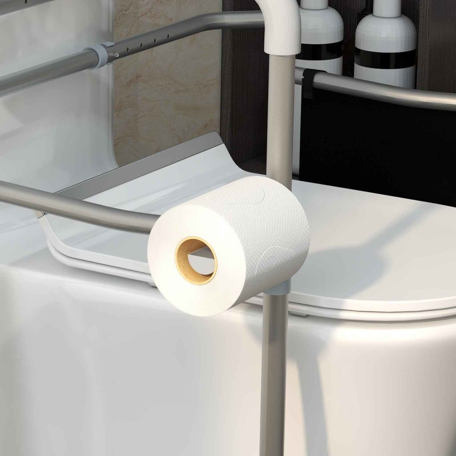 Height and Width Adjustable Toilet Frame Grab Bar with Rubber Tips Storage