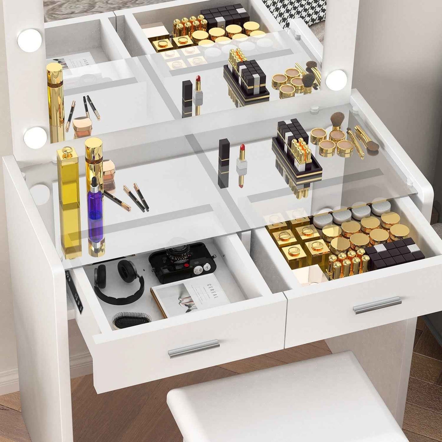 Vanity Desk with Mirror Lights Glass Top Dressing Table w/ 2 Drawers & Stool Uam