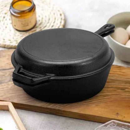 2in1 Combo Cooker Pre Seasoned Dutch Oven Pot Cast Iron Frying Pans Griddle 3Ltr