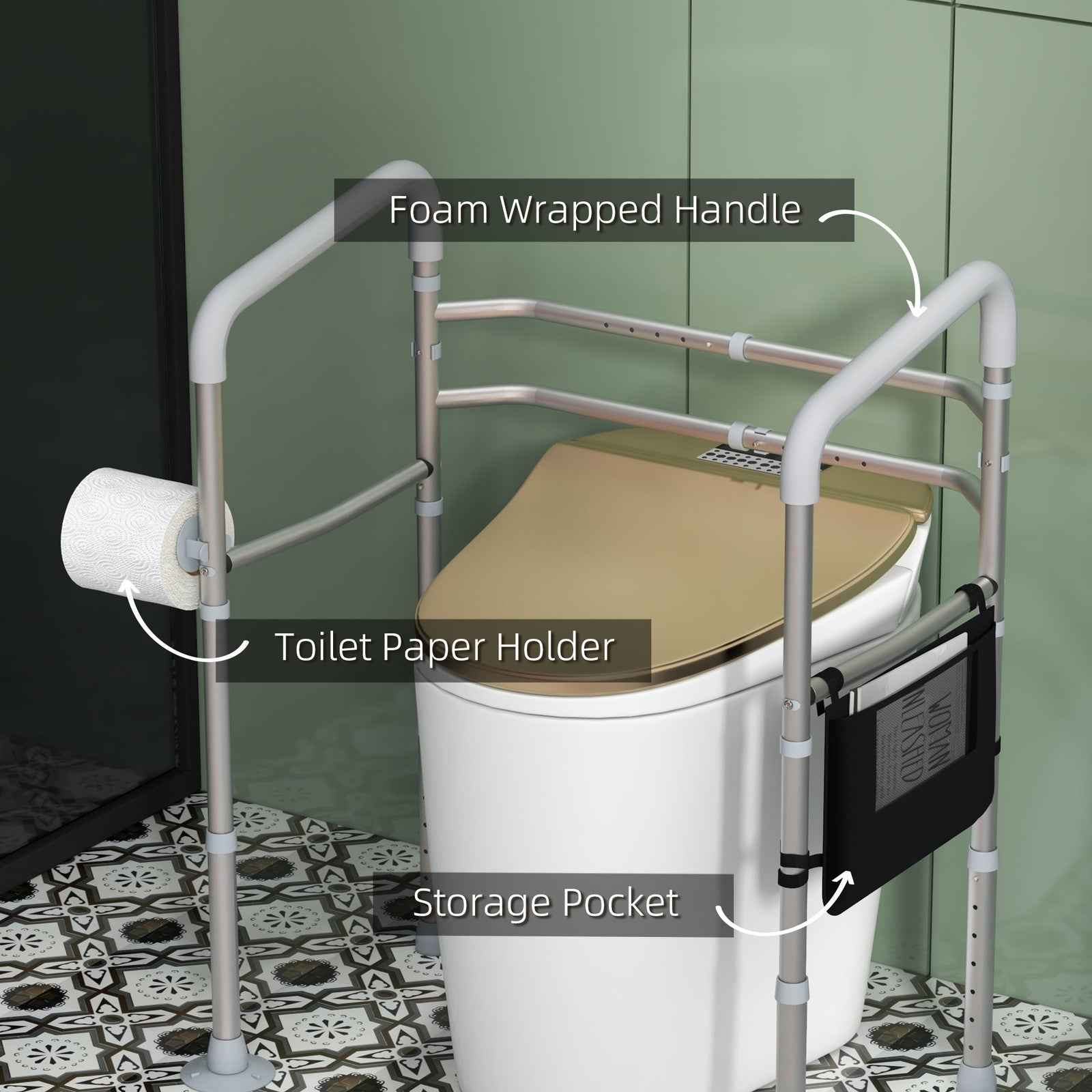 Height and Width Adjustable Toilet Frame Grab Bar with Rubber Tips Storage